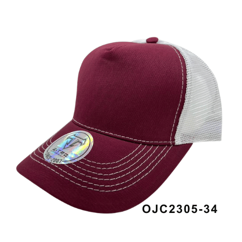 Gorra en drill malla combinada 5 paneles Vinotinto Blanco Ref.OJC2305-34
