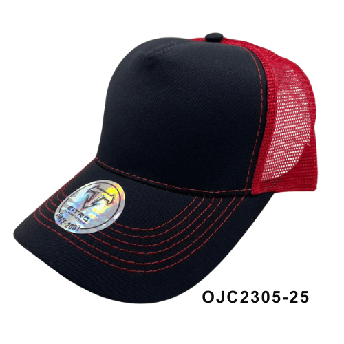 Gorra en drill malla combinada 5 paneles Negro Rojo Ref.OJC2305-25