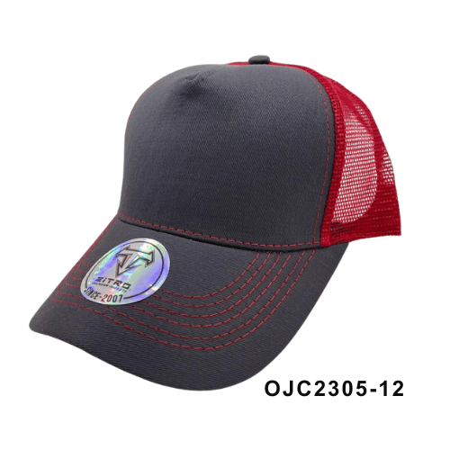Gorra en drill malla combinada 5 paneles Gris Rojo Ref.OJC2305-12
