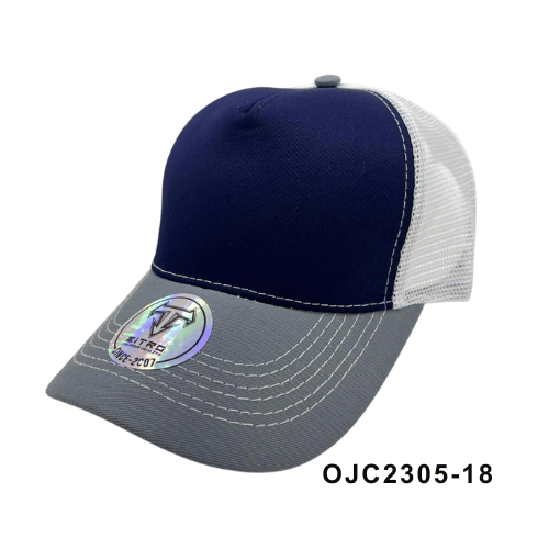 Gorra en drill malla combinada 5 paneles Azul Gris Ref.OJC2305-18