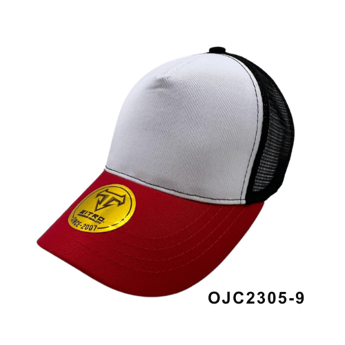 Gorra en drill malla combinada 5 paneles Blanco Rojo Ref.OJC2305-9