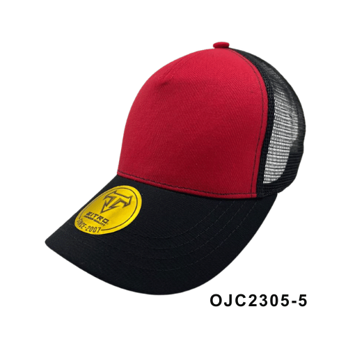 Gorra en drill malla combinada 5 paneles Rojo Negro  Ref.OJC2305-5