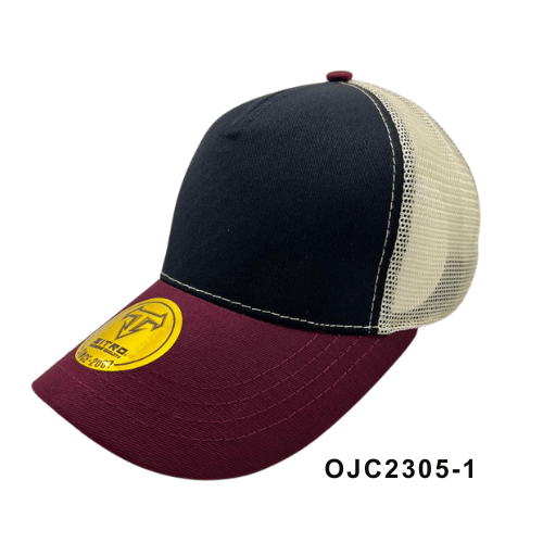 Gorra en drill malla combinada 5 paneles Vinotinto Azul Ref.OJC2305-1