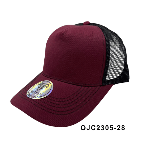 Gorra en drill malla combinada 5 paneles Vinotinto Negro Ref.OJC2305-28